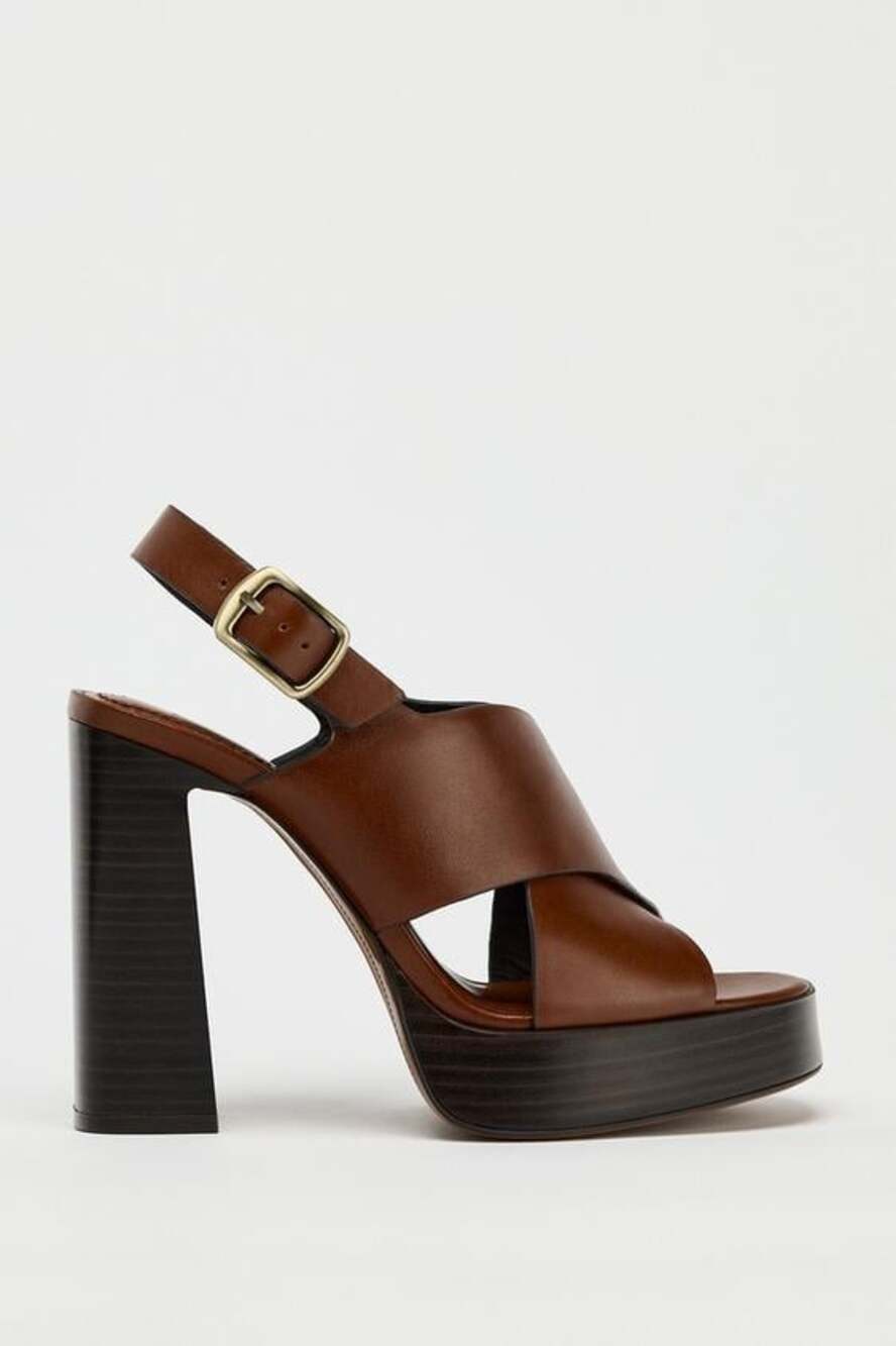 Zara Brown Genuine Leather Criss Cross Platform Block Heel Sandals Size 10
